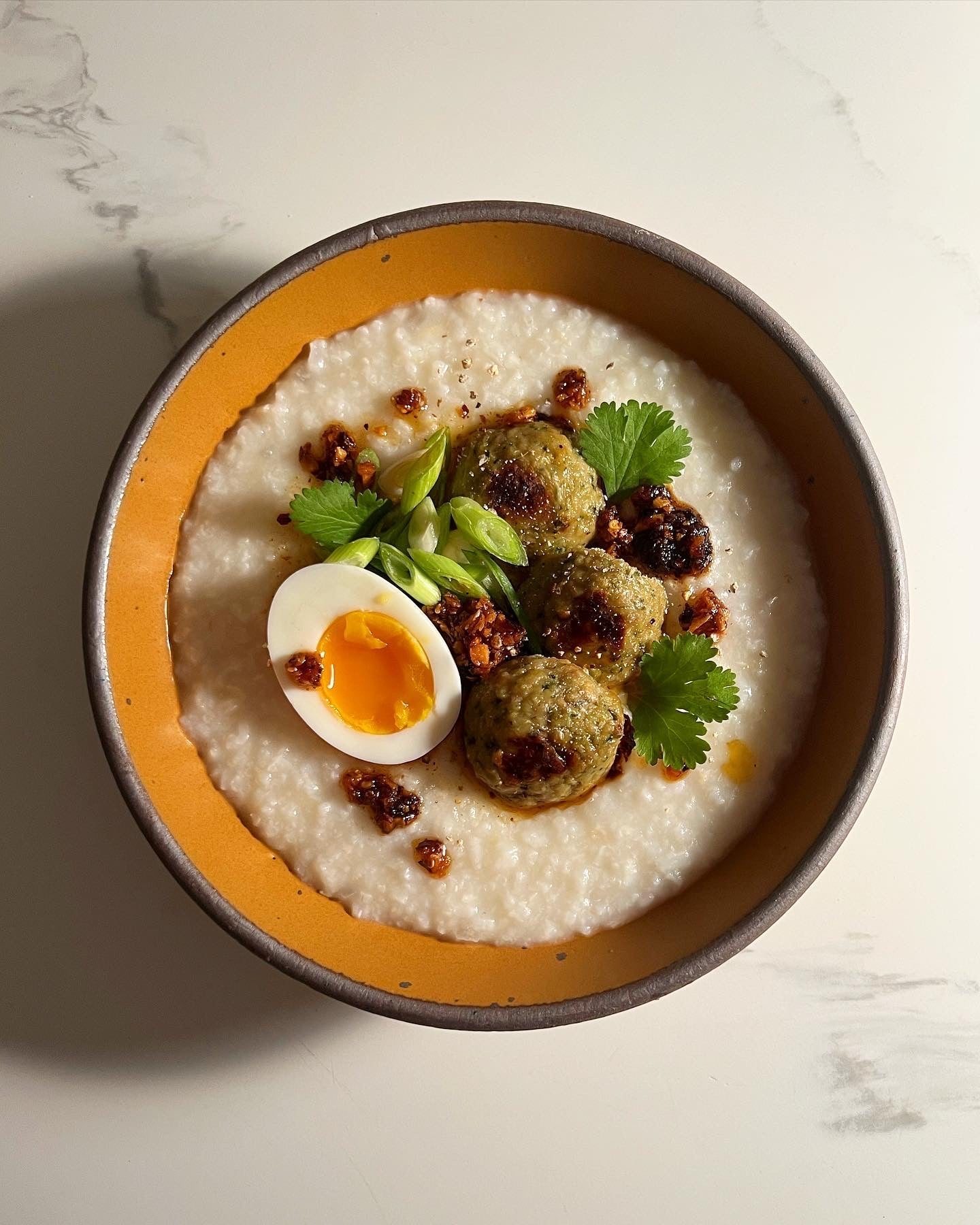 Congee with Cilantro Ginger Chicken Meatballs!