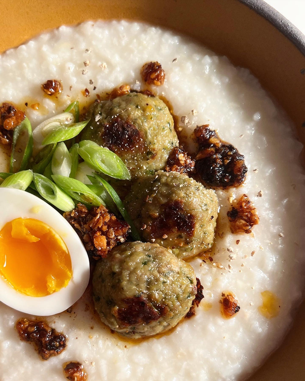 Congee with Cilantro Ginger Chicken Meatballs!